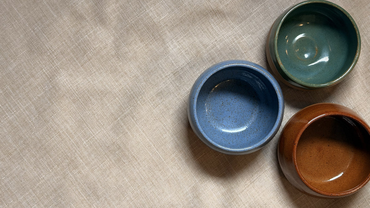 Trio of colorful handmade espresso cups
